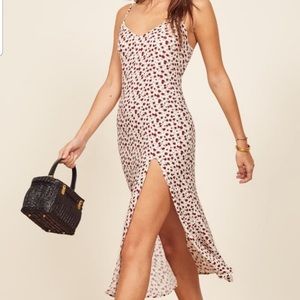 Reformation White and Red Floral Midi Dress with Slit